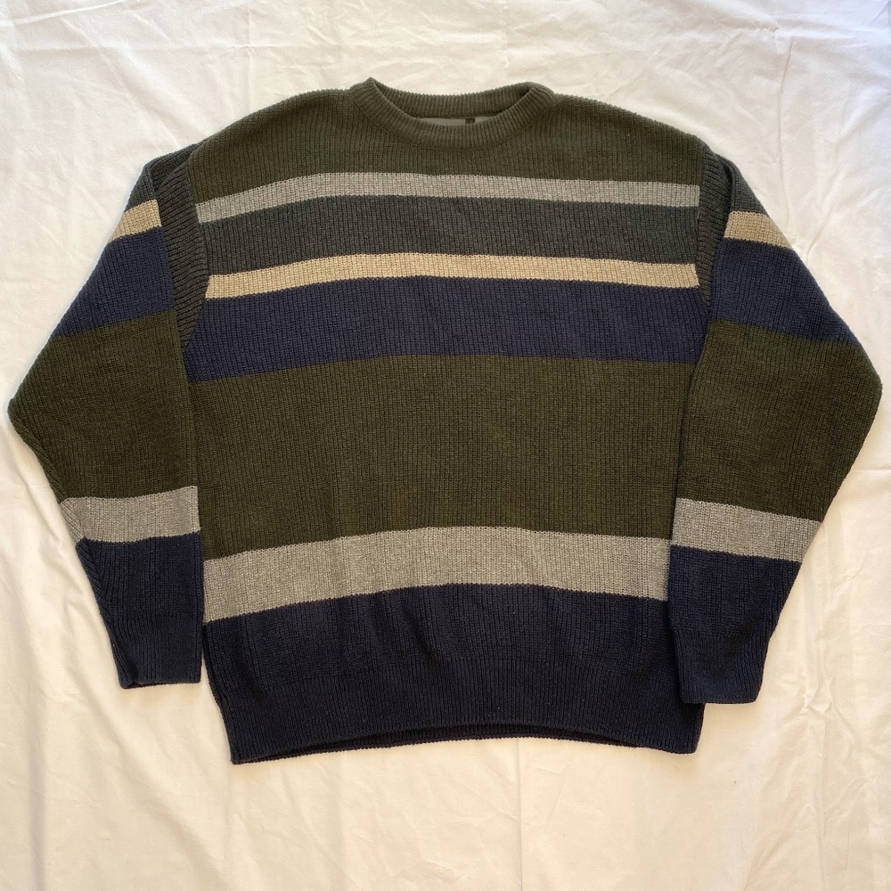 Vintage Slouchy Thick Knit Mens Van Heusen Green Striped Sweater XL